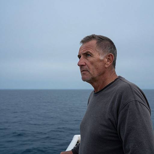 Photograph of a middle-aged, ruggedly handsome man with short, graying hair, wearing a dark gray shirt, standing on a boat against a