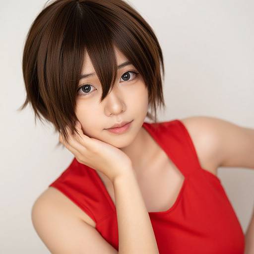 Digital portrait of an anime-style young woman with short brown hair, blue eyes, wearing a red sleeveless top, resting her cheek on her hand against