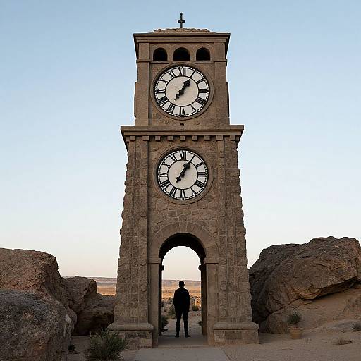Imposing Stone Clocktower at Desert Horizon