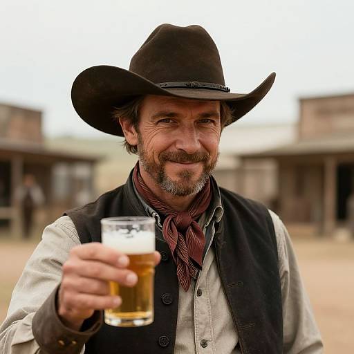 Cowboy Wryly Smiling with Beer