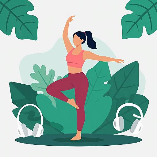 Digital illustration of a woman in a pink sports bra and maroon leggings, doing a yoga pose with arms raised, surrounded by large green tropical leaves and