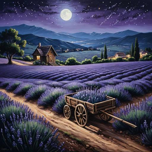 Moonlit Lavender Field with Wooden Cart Moonlit Lavender Field with Wooden Cart