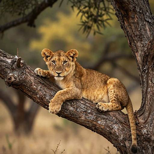 Curious Lion Cub on Tree Branch