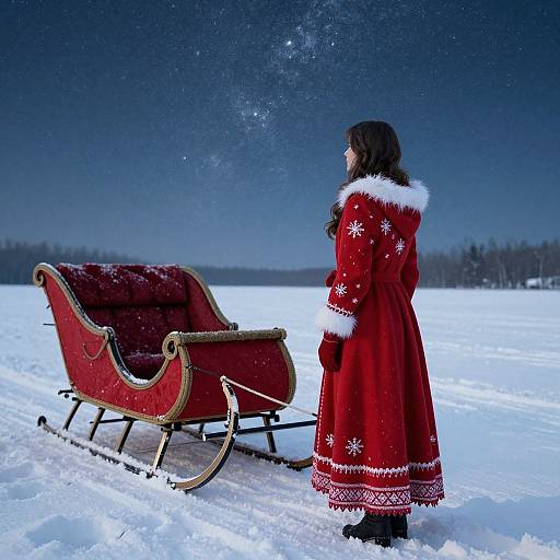 Photograph of a woman in a red snowflake-patterned Christmas coat standing beside a red wooden sleigh on a snowy night, under a starry