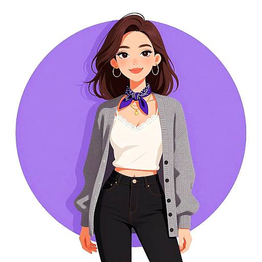 Digital illustration of a smiling woman with medium-length brown hair, wearing a gray cardigan, white lace top, blue bandana, and black jeans,