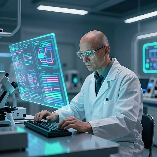 Photograph of a bald scientist in a white lab coat, wearing glasses, typing on a keyboard in a futuristic lab with neon-blue holographic screens.
