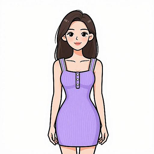 Digital cartoon of a smiling Asian woman with straight black hair, wearing a form-fitting, purple ribbed sleeveless dress with white straps. White background