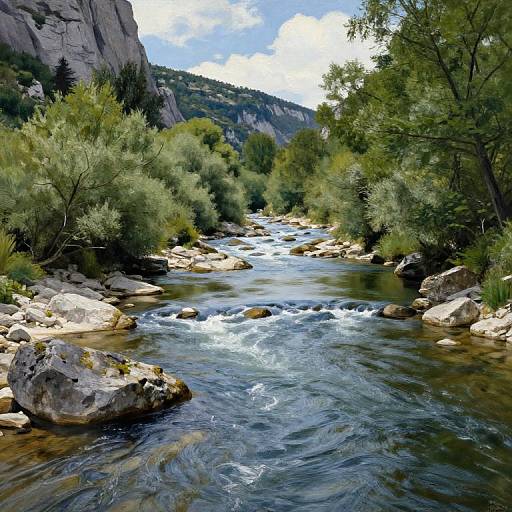 Photograph of a clear, flowing river with white rapids, surrounded by lush green trees and rocky banks, under a bright, partly cloudy sky.