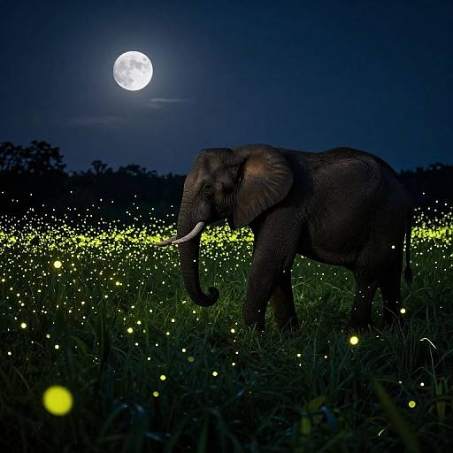 Photograph of a dark grey elephant standing in a field of glowing fireflies under a bright full moon in a deep blue night sky.