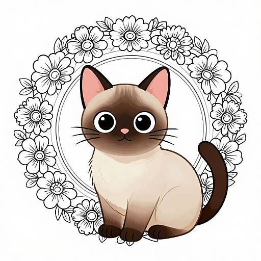Siamese Cat Floral Mandala Coloring