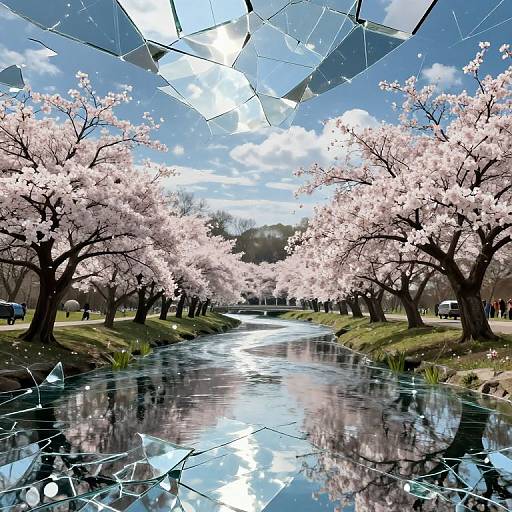 Digital art of a serene cherry blossom-lined river reflecting glass shards, with pink trees, blue sky, and white clouds.