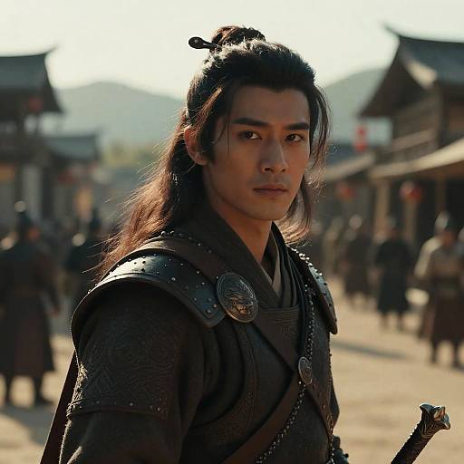 Cinematic Warrior Portrait in Fantasy Village