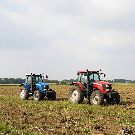 Rural Field with Tractors Under Cloudy Sky