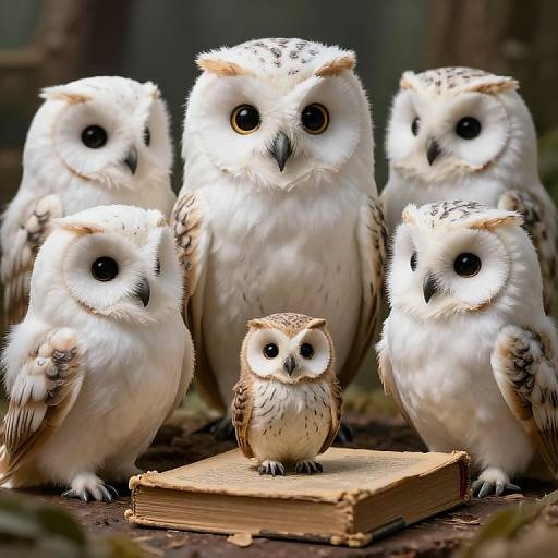 Photograph of six fluffy, white barn owls with brown speckles, standing around a closed book on forest floor, central small owl on top