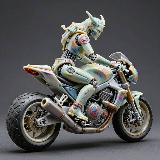 Photorealistic CGI of a colorful, robotic motorcycle rider with a horned helmet, sitting on a detailed, sporty motorcycle against a dark gradient background