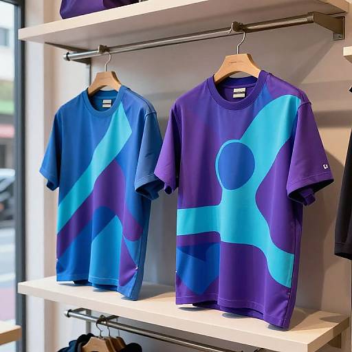 Photograph of two blue and purple graphic t-shirts with bold geometric patterns, hanging on white shelves in a brightly lit store.