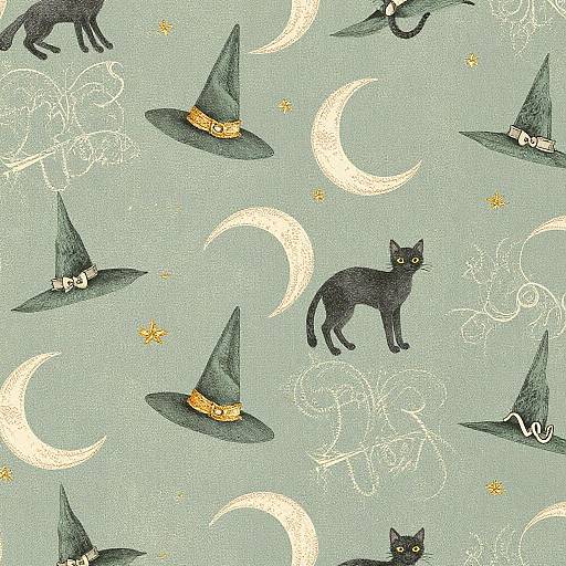 Whimsical pattern: black cats and witch hats with yellow bands, white crescent moons, and yellow stars on teal background. Digital illustration.