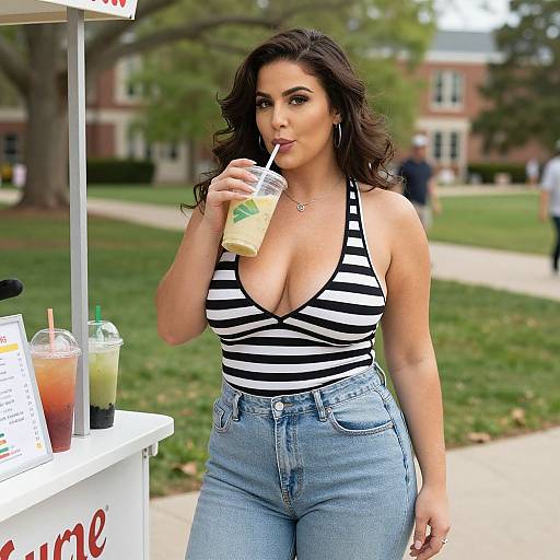 Photograph of a curvy woman with dark hair, wearing a black-and-white striped top and high-waisted jeans, sipping iced coffee