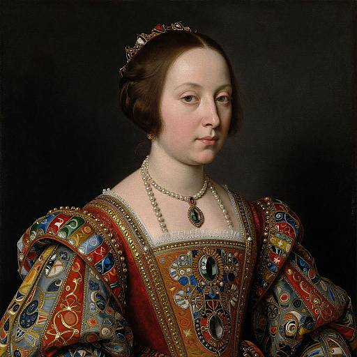 Renaissance portrait of a fair-skinned woman with brown hair, wearing an ornate, embroidered gown, pearl necklace, and jeweled tiara