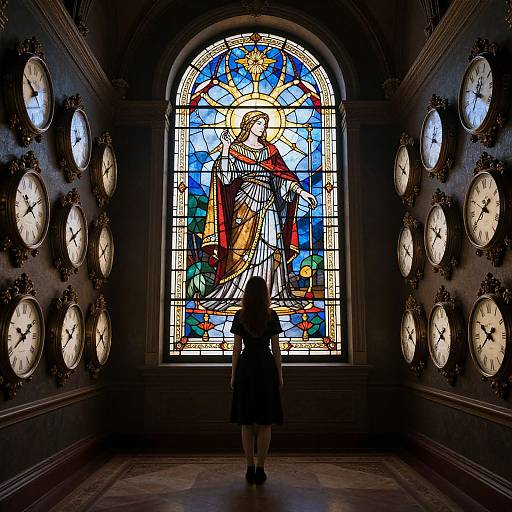 Photograph of a woman in a black dress standing before a vibrant stained glass window, surrounded by illuminated clocks on dark walls.