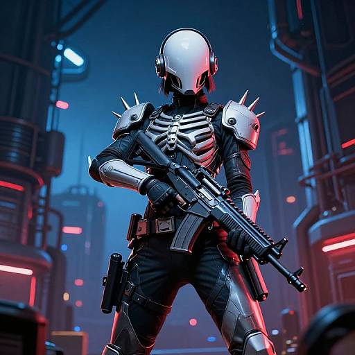 Cyberpunk-style digital artwork of a futuristic soldier in black armor with white spikes, holding a gun, standing in a neon-lit, industrial city