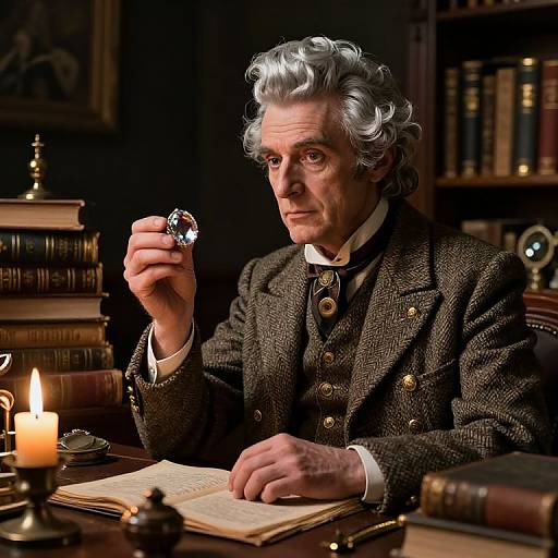 Photograph of an elderly man with curly gray hair, wearing a brown tweed suit, holding a crystal ring, studying an open book by candlelight