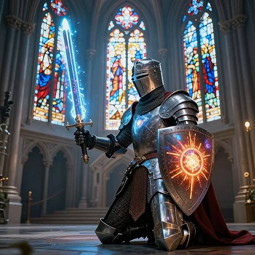 Knight in gleaming silver armor kneels in grand cathedral, holding glowing blue sword, with radiant sun emblem shield, colorful stained glass windows in background.