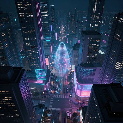 Neon-lit, futuristic cityscape from above showing a glowing, pyramid-shaped structure at the center, surrounded by towering skyscrapers and vibrant,