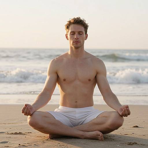 Photograph of a shirtless, fair-skinned, brown-haired man meditating in a lotus position on a sandy beach, wearing white shorts,