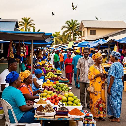 Vibrant photograph of a bustling outdoor market with diverse, colorful African vendors and customers, displaying fresh fruits, vegetables, and textiles under blue canopy tents
