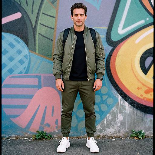Photograph of a young man with short dark hair, olive green bomber jacket, black shirt, olive pants, white sneakers, standing in front of vibrant