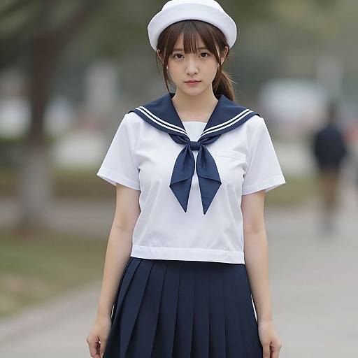 Photograph of an Asian schoolgirl in a white sailor uniform with a navy skirt and hat, standing outdoors on a blurred park path.