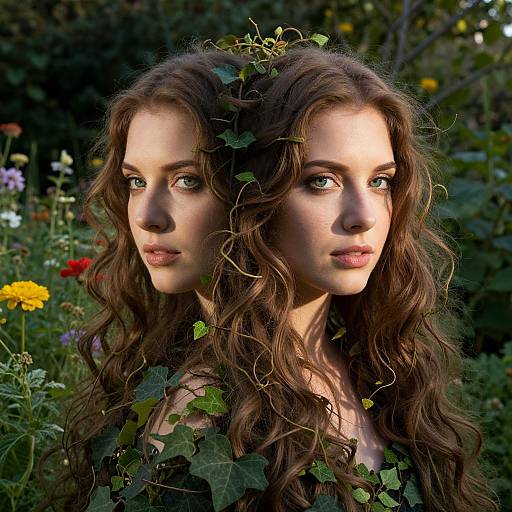 Photograph of a young woman with long, wavy brown hair, green eyes, and fair skin, superimposed over herself, surrounded by lush