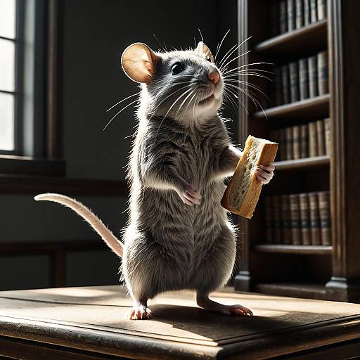 Mouse Holding Baguette in Antique Library