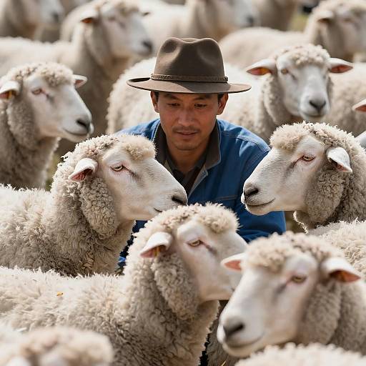 Focused Man Amidst a Flock of Sheep
