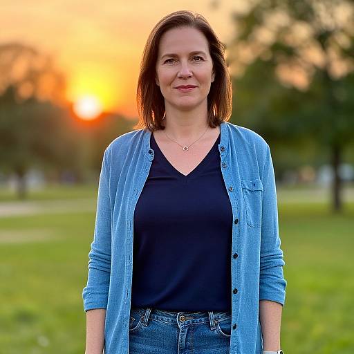 Photograph of a middle-aged woman with shoulder-length brown hair, wearing a blue cardigan, black V-neck top, and jeans, standing in a