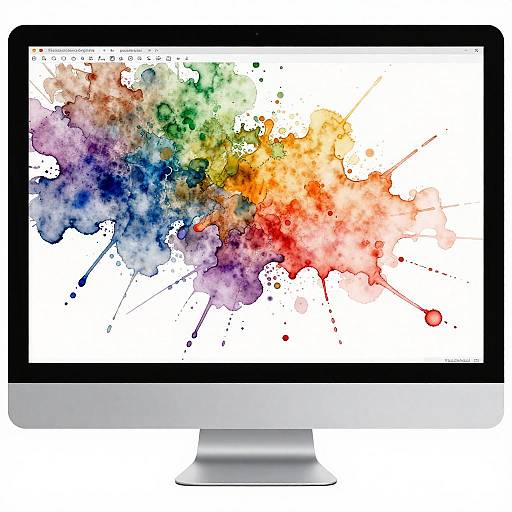 Photograph of a modern computer screen displaying a vibrant watercolor splash with hues of red, orange, yellow, green, blue, and purple on a