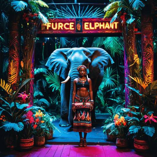 Woman in Tribal Attire with Elephant at Neon Jungle Entrance