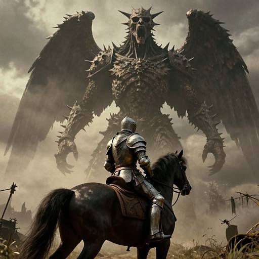 Digital fantasy artwork: armored knight on horseback faces menacing, winged, spiked, demonic creature in cloudy, misty battlefield. Dark, dramatic,