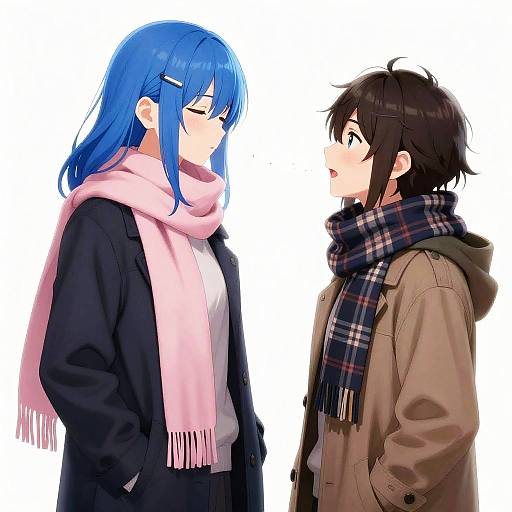 Digital anime-style drawing of two young people facing each other, one with blue hair and pink scarf, the other with brown hair and plaid scarf.