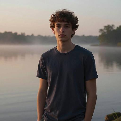 Young Man Standing by Misty Lake at Dusk