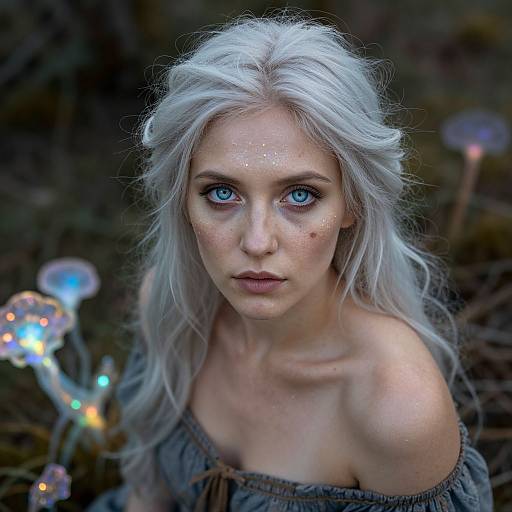 Photograph of a pale-skinned woman with long, white hair, blue eyes, and freckles, wearing an off-shoulder gray top
