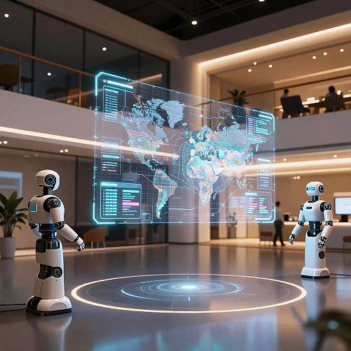 Digital CGI image of a futuristic mall showing three humanoid robots interacting with a glowing, holographic world map on a circular neon platform.