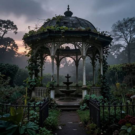 Photograph of a misty, overgrown Victorian gazebo with a central fountain, surrounded by lush greenery, and a sunset sky in the background