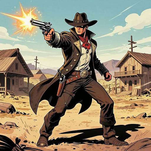 Colorful comic-style drawing of a rugged cowboy in a black coat, hat, and boots, firing a gun with a bright explosion. Background: dusty