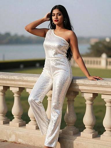 South Asian Woman in Silver Sequin Jumpsuit Outdoors