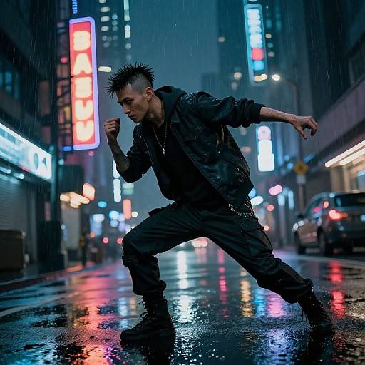 Photograph of a spiky-haired man in a black jacket and pants, crouching in a neon-lit, rainy urban street at night.