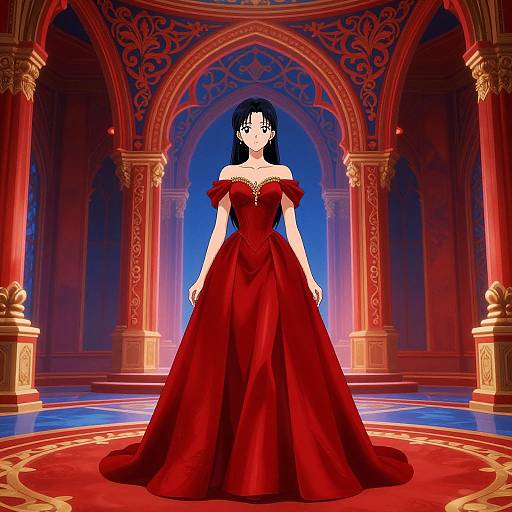Digital illustration of a woman with pale skin and black hair in a red off-shoulder ball gown, standing in an ornate, archway-lined