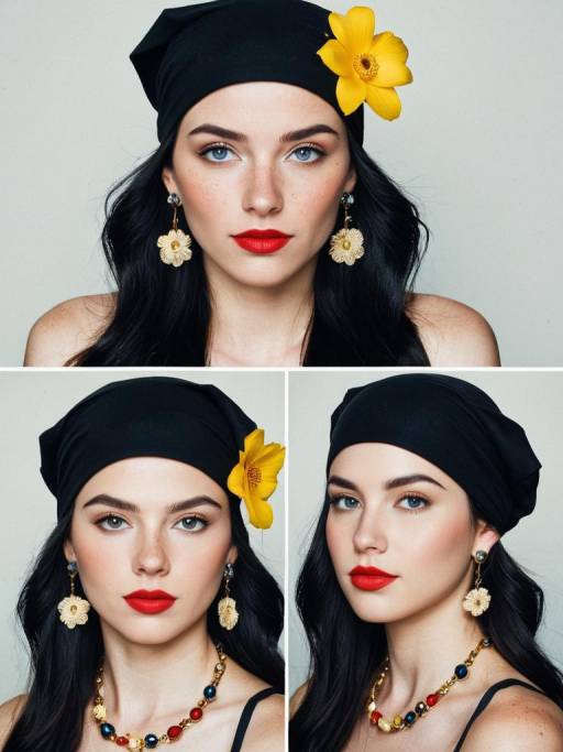 Portrait collage of woman with black bandana and yellow flower Portrait collage of woman with black bandana and yellow flower