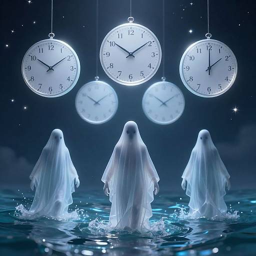 Surreal Ghostly Seascape with Backward Clocks